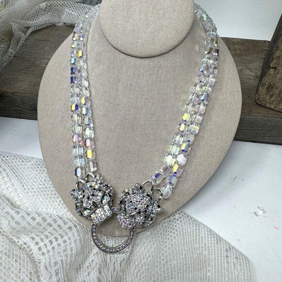 Vintage Rhinestone Panther Clasp Clear Crystal Bead Necklace - Picture 2 of 13